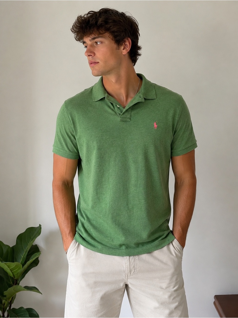 Polo Ralph Lauren Green Custom Fit Polo Shirt Pink Pony Men Large Preppy Summer